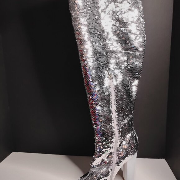 KHPAERMEI Sexy Sparkly Size 8 Thigh High Boots Open Toe Chunky Heel - Picture 8 of 16